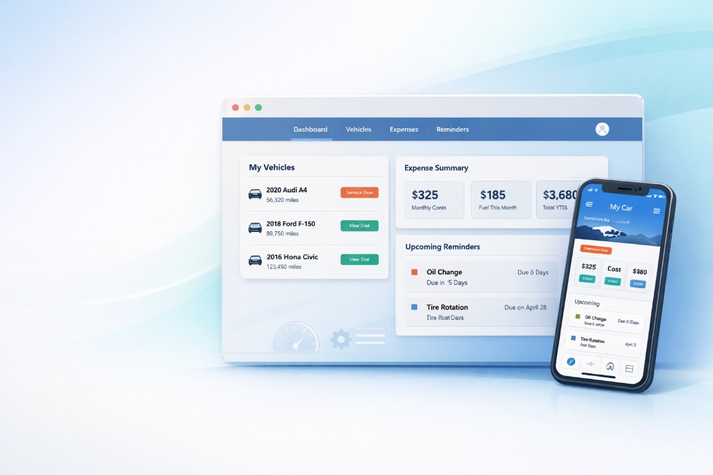 Ilustracija proizvoda: desktop kontrolna tabla i mobilna aplikacija za vozila, troškove i podsetnike na servis.