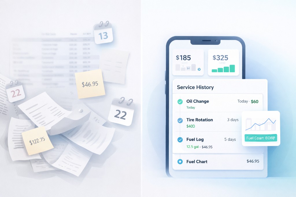 Ilustracija: neuredni računi i beleške naspram organizovane mobilne aplikacije sa istorijom servisa i troškovima goriva.