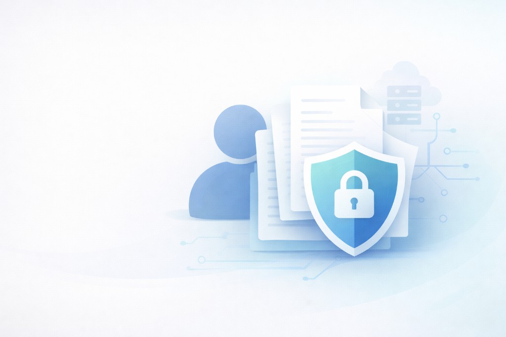 Ilustracija: dokumenti i korisnički podaci zaštićeni štitom i katancom, uz suptilne oblak i mrežne elemente.